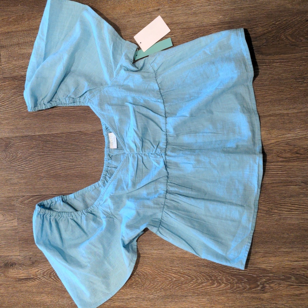 Abound Women's Ruffle Sleeve Light Blue Short Sleeved Shirt - size large